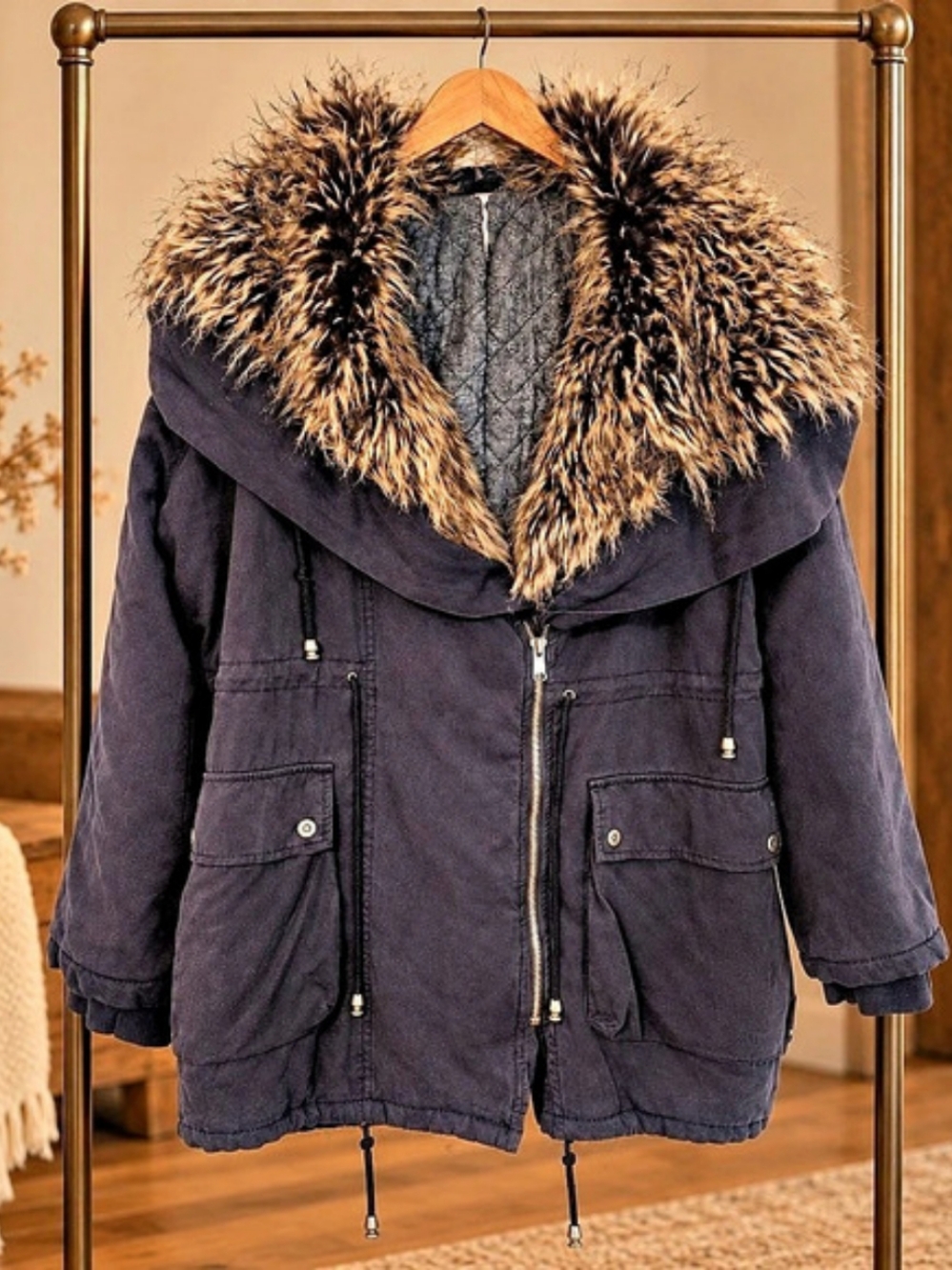 Free People Heavy Faux Fur Collar Winter Parka Coat S 24” P2P